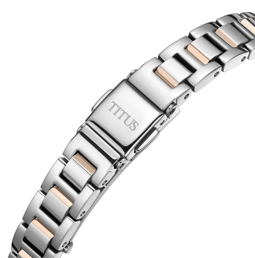 Close-up of Fair Lady watch two-tone silver rose gold bracelet with links