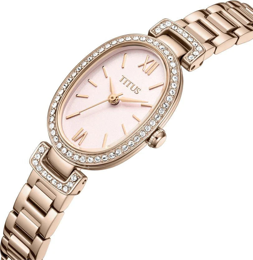 Fair Lady watch crown detail showing polished stainless steel oval case