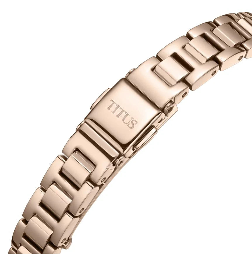 Close-up of Fair Lady watch rose gold stainless steel bracelet with links