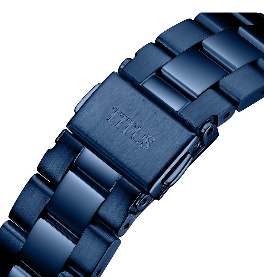 Close-up of Aspira watch polished stainless steel bracelet with links