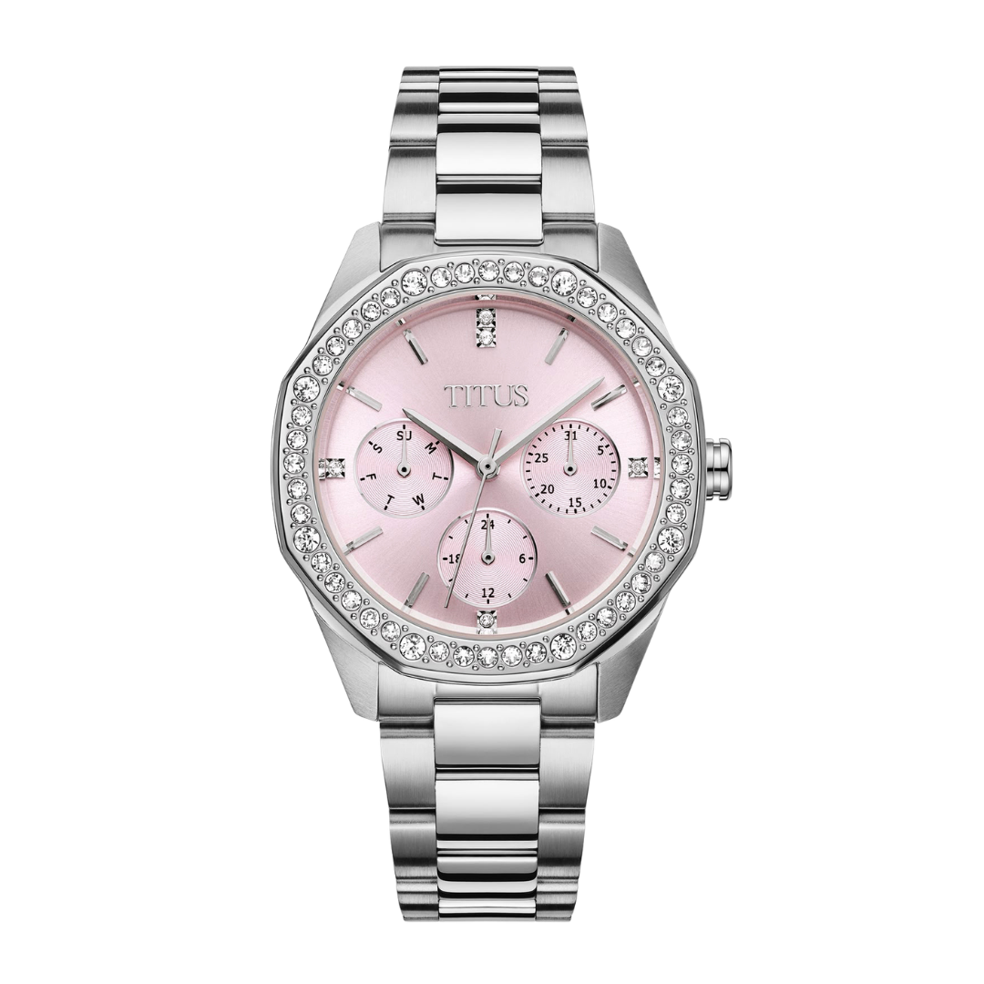 Solvil et Titus Pink dial with crystals surrounding outer dial silver stainless steel bracelet women watch front view