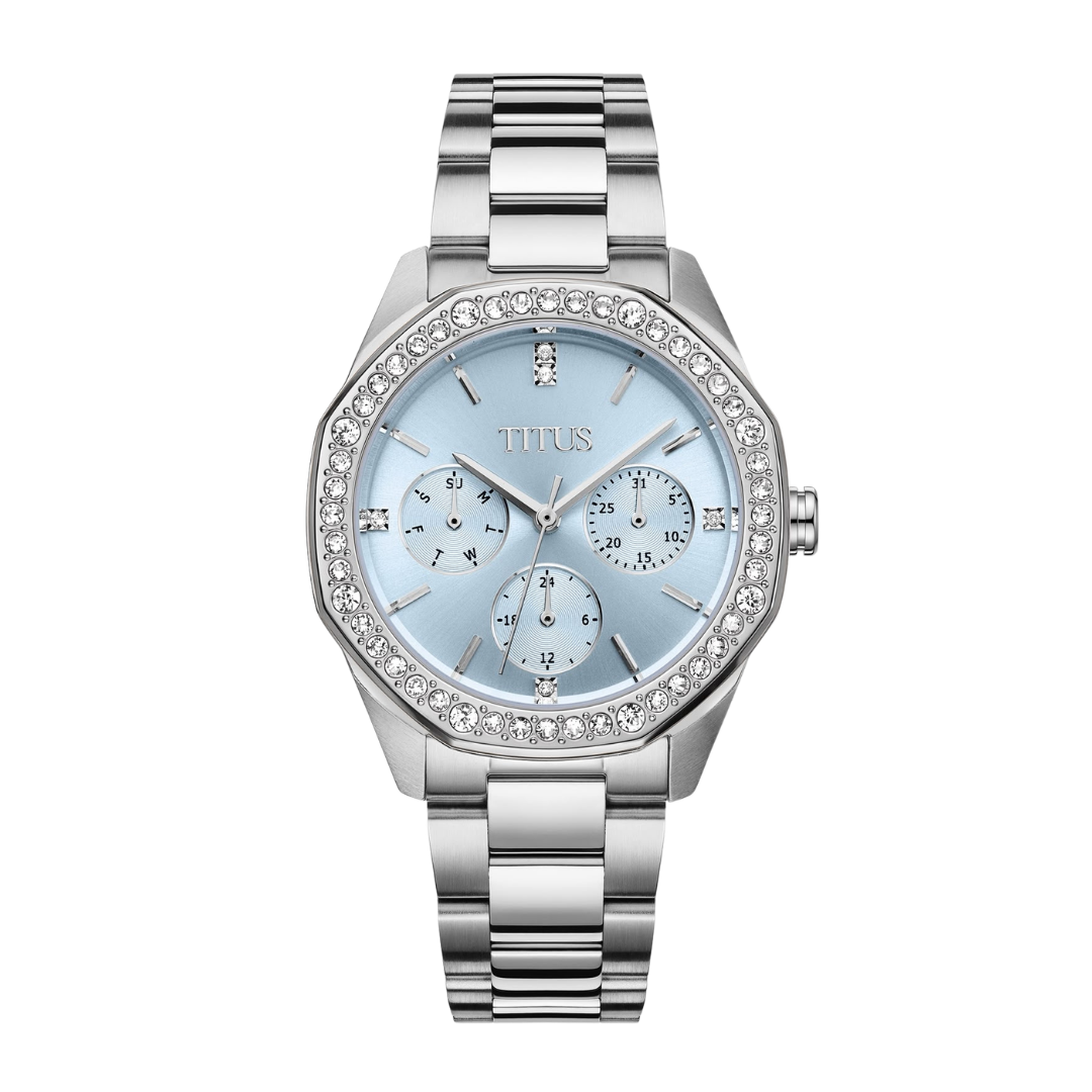 solvil et titus blue dial with crystals surrounding outer dial silver stainless steel women watch front view 
