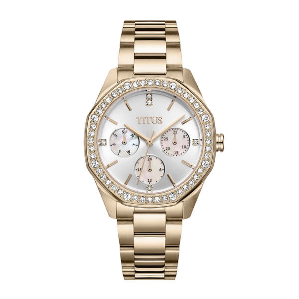 solvil et titus silver white mother of pearl sub dials with crystals surrounding bezel rose gold stainless steel bracelet women watch front view 