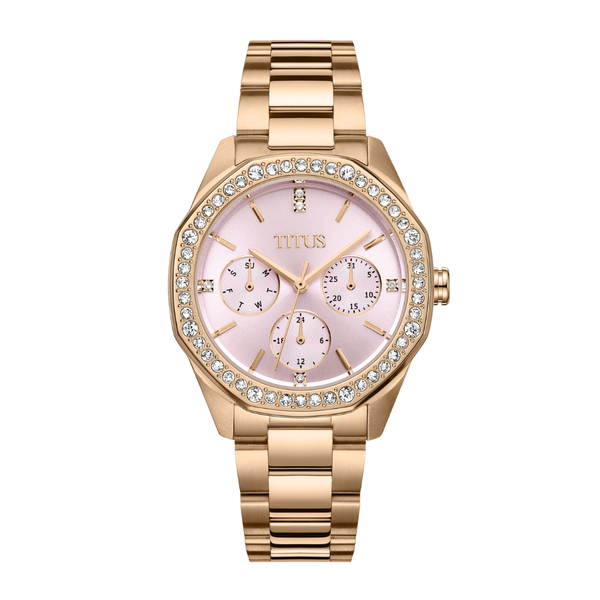 solvil et titus pink dial with crystals surrounding outer dial and rose gold stainless steel bracelet women watch front view