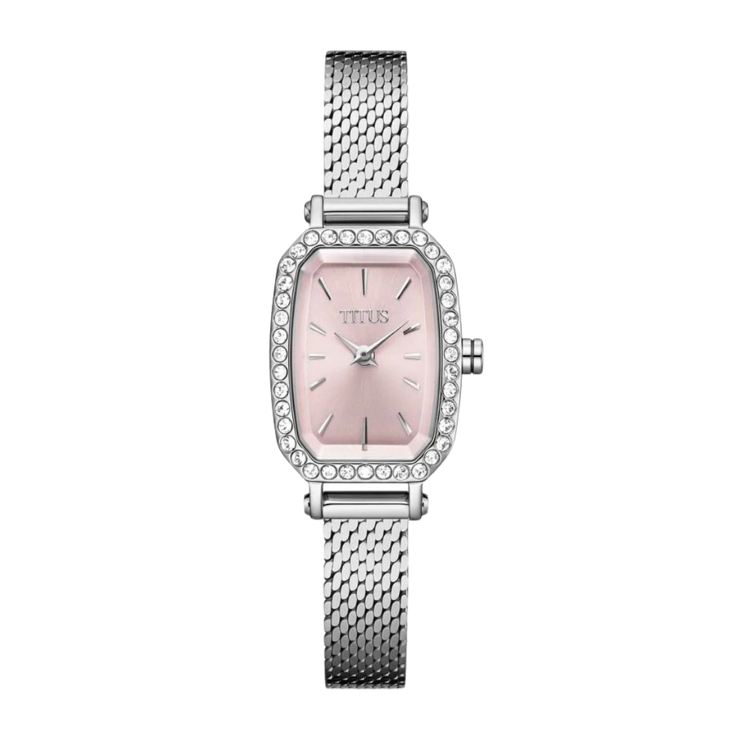 solvil et titus 2 hands quartz in light pink dial with crystals around the bezel and mesh stainless steel strap women watch front view