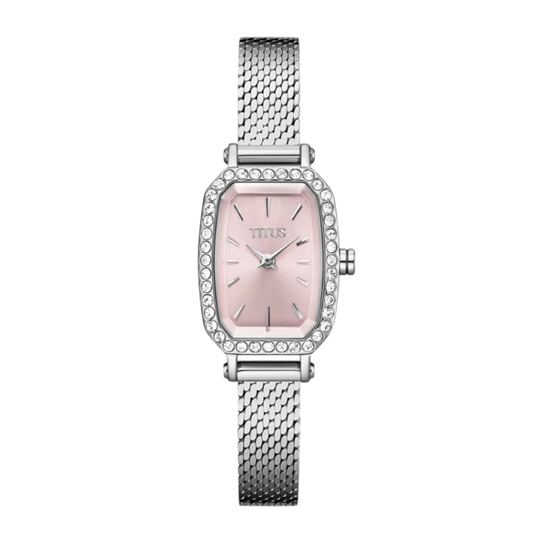 solvil et titus 2 hands quartz in light pink dial with crystals around the bezel and mesh stainless steel strap women watch front view