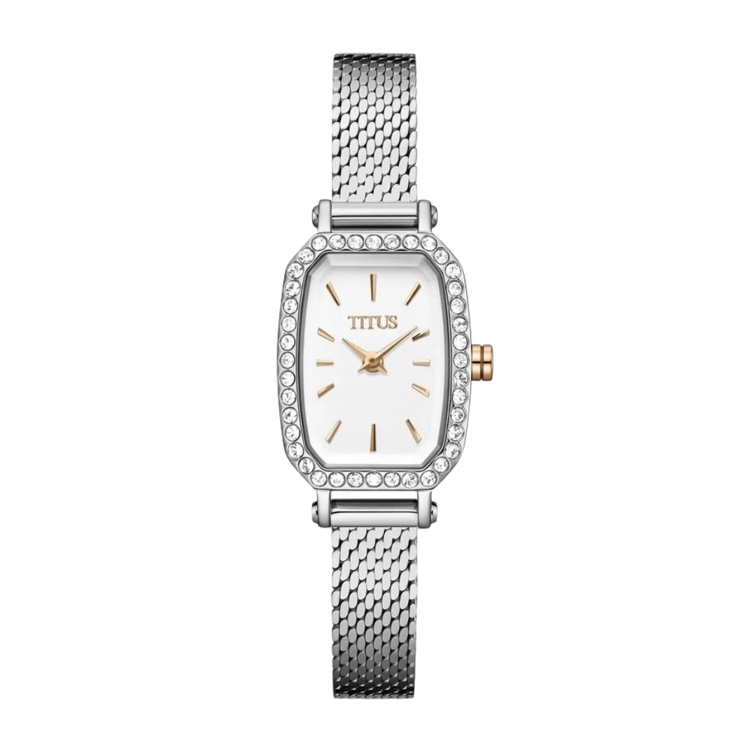 solvil et titus 2 hands quartz with crystals around bezel and silver white dial and silver stainless steel mesh strap women watch front view