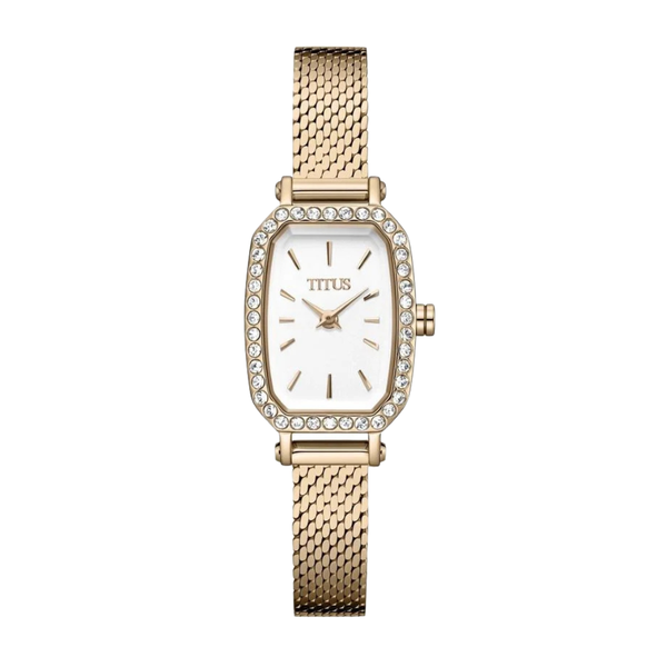 solvil et titus 2 hands quartz with crystals around bezel and silver white dial and light rose gold stainless steel mesh strap women watch front view