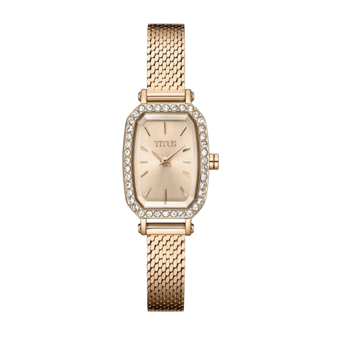 solvil et titus 2 hands quartz in rose gold dial with crystals around bezel and rose gold stainless steel mesh strap women watch front view