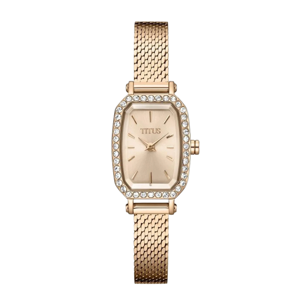 solvil et titus 2 hands quartz in rose gold dial with crystals around bezel and rose gold stainless steel mesh strap women watch front view