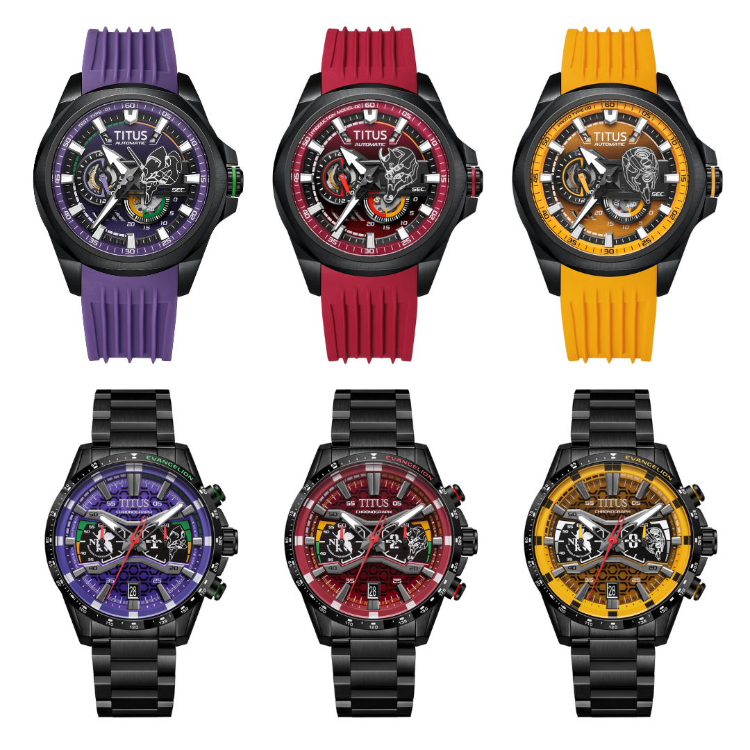 Solvil et Titus x EVANGELION full collection of six watches, three Quest automatic models on coloured silicone straps and three Saber chronographs on black bracelets