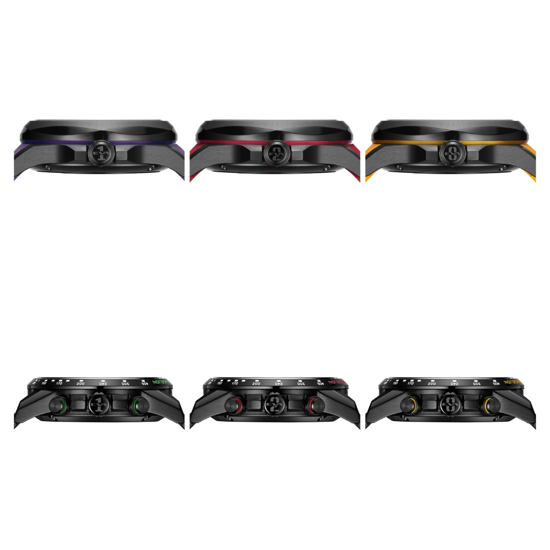 Side profile view of Solvil et Titus x EVANGELION watch cases showing EVA-01, EVA-02 and EVA-00 numbered crowns and coloured accents