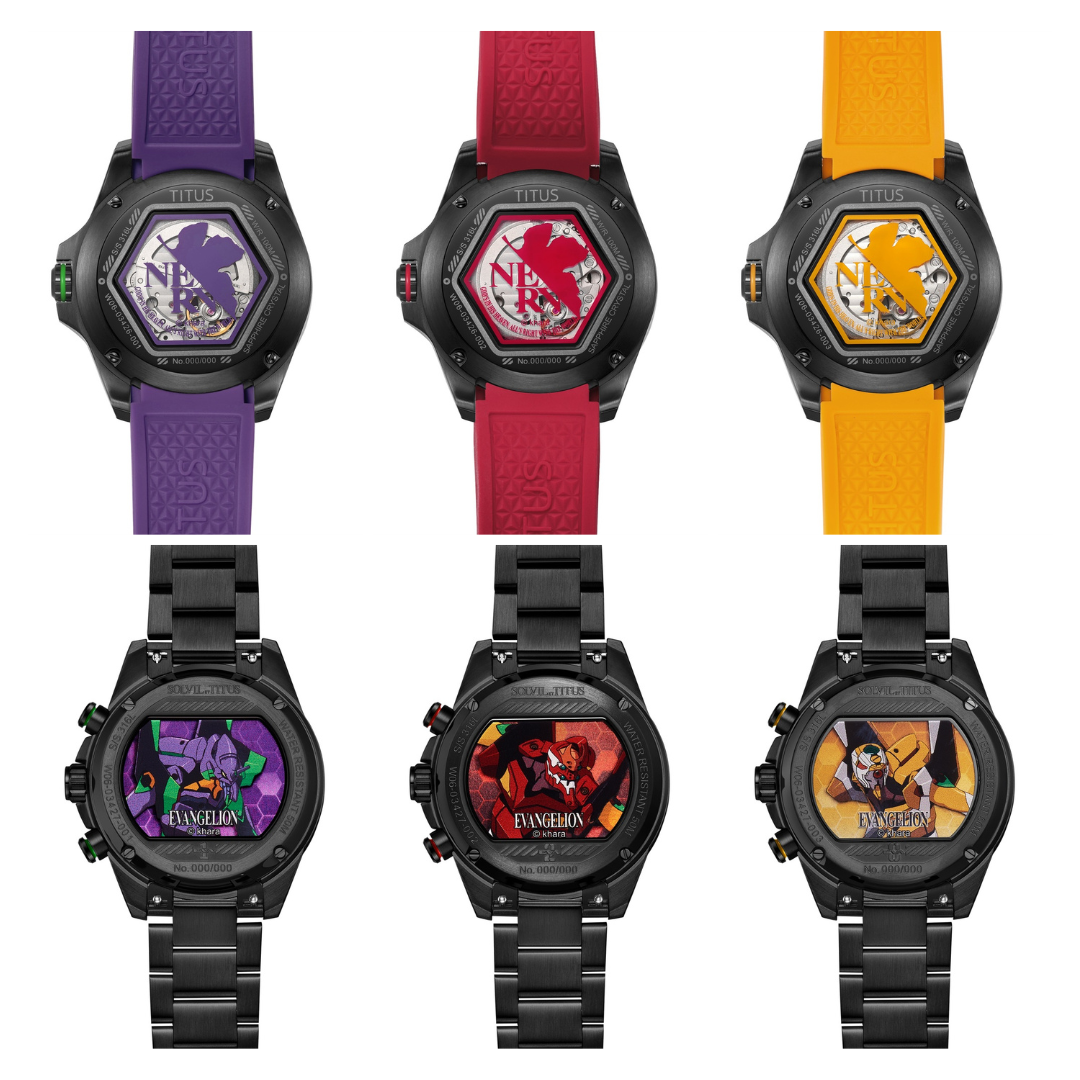 Solvil et Titus x EVANGELION casebacks showing NERV hexagon emblems on the Quest models and EVA unit artwork by khara on the Saber models