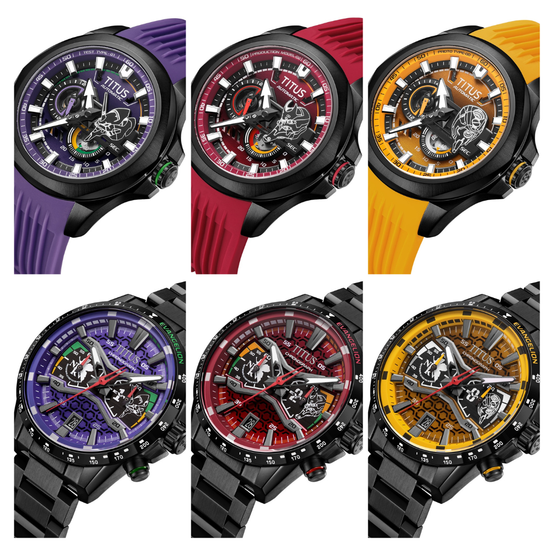 Close-up of all six Solvil et Titus x EVANGELION watch dials showing Quest open-worked dials and Saber chronograph dials in EVA-01, EVA-02 and EVA-00 colourways