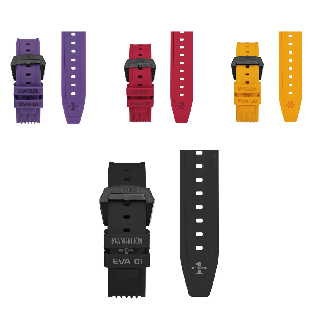 Solvil et Titus x EVANGELION silicone straps in purple EVA-01, red EVA-02 and yellow EVA-00 with EVANGELION branding, plus black EVA-01 strap