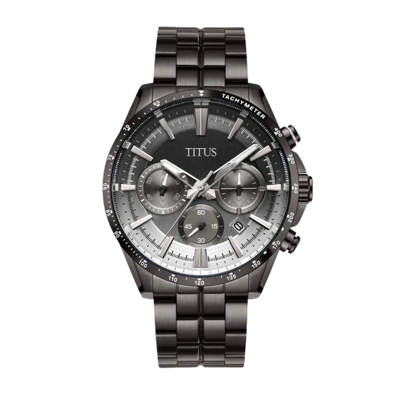Solvil et Titus Saber Chronograph W06-03337-018 — front view of black-to-silver gradient dial with silver indices, black 44mm case with black tachymeter bezel, black stainless steel bracelet