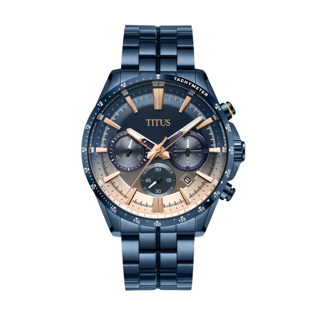 Solvil et Titus Saber Chronograph W06-03337-021 — front view of blue-to-rose-gold gradient dial with rose-gold indices and hands, blue 44mm case with rose-gold tachymeter scale, blue stainless steel bracelet
