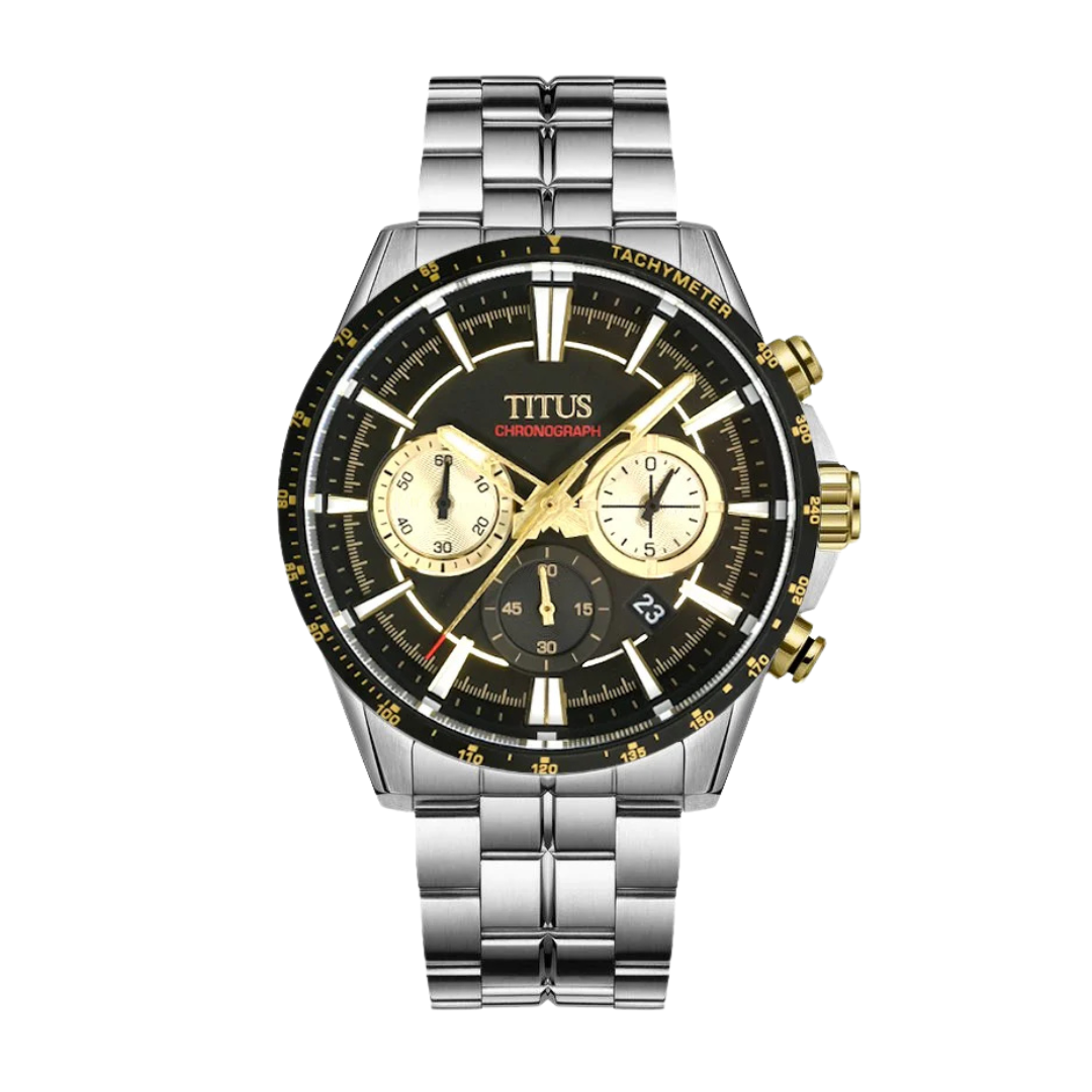 Solvil et Titus Saber Chronograph W06-03347-001 — front view of black textured dial with gold-tone subdials, silver indices, gold hour and minute hands, polished stainless steel 44.2mm case and bracelet, black tachymeter bezel with gold scale