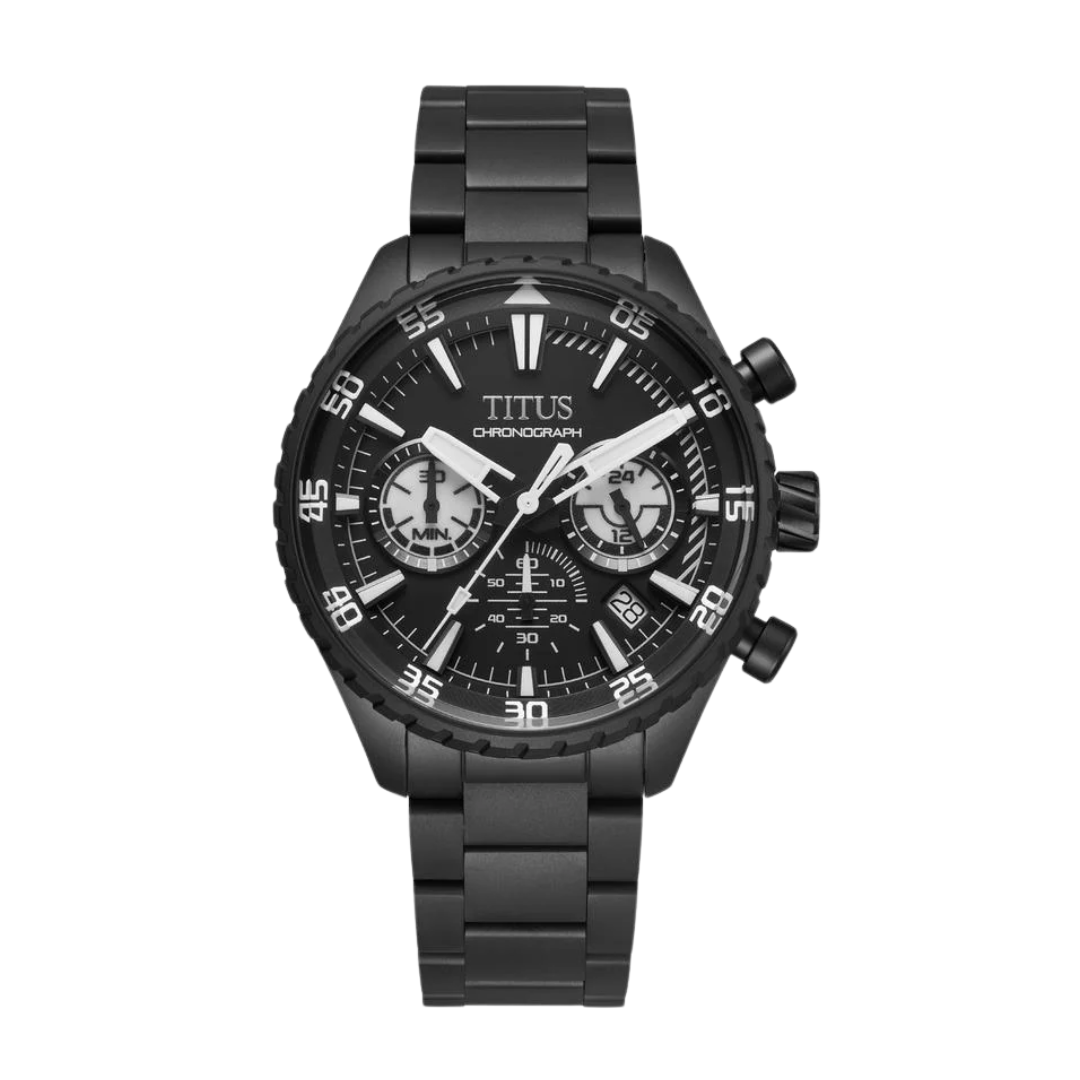 Solvil et Titus Saber Chronograph W06-03364-006 — front view of dark grey dial, super luminous white 30-minute chronograph subdial at 9 o'clock, matt black 42.5mm case and bracelet with notched coin-edge bezel