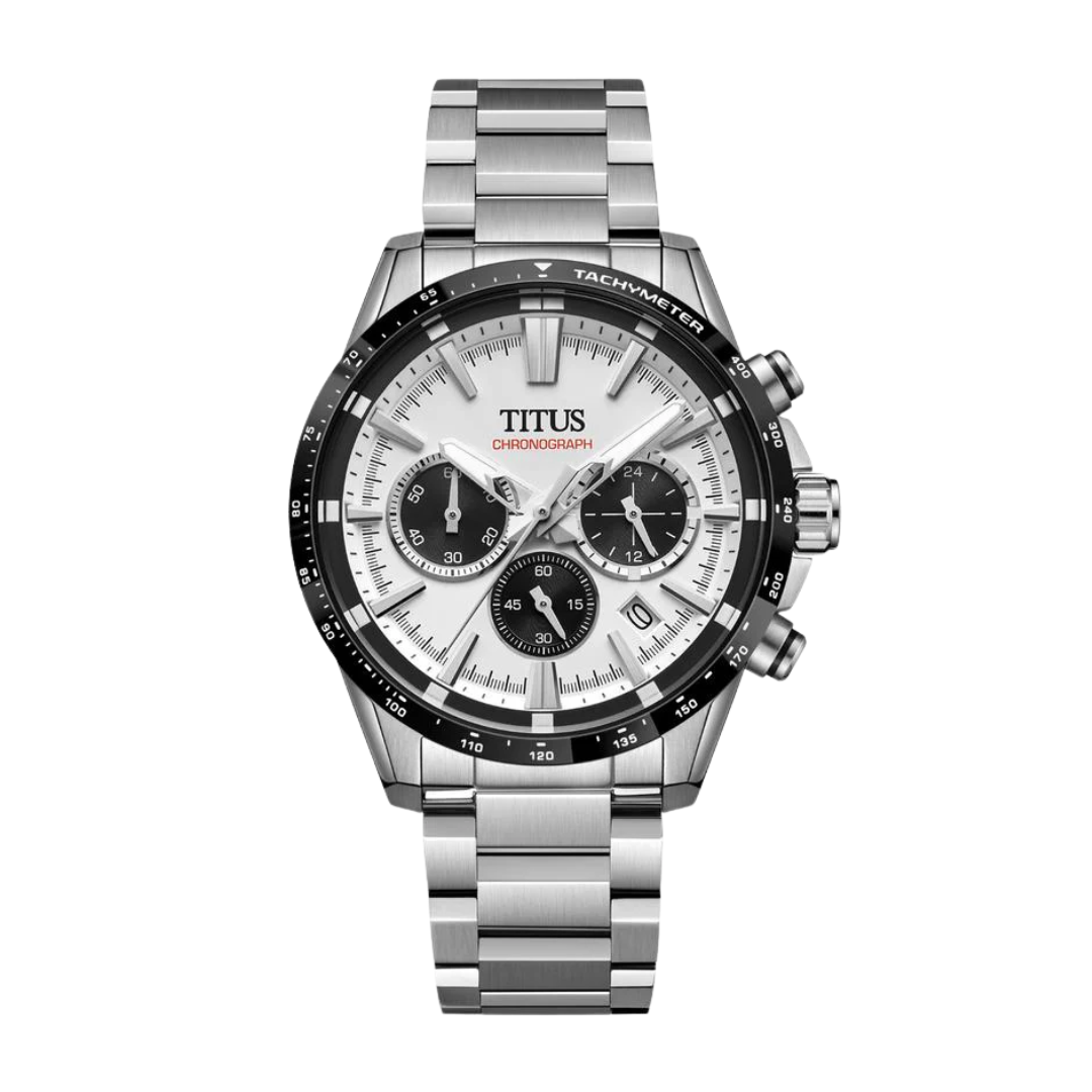 Solvil et Titus Saber Chronograph W06-03401-001 — front view of black tachymeter bezel, silver dial, three black subdials, and polished stainless steel bracelet