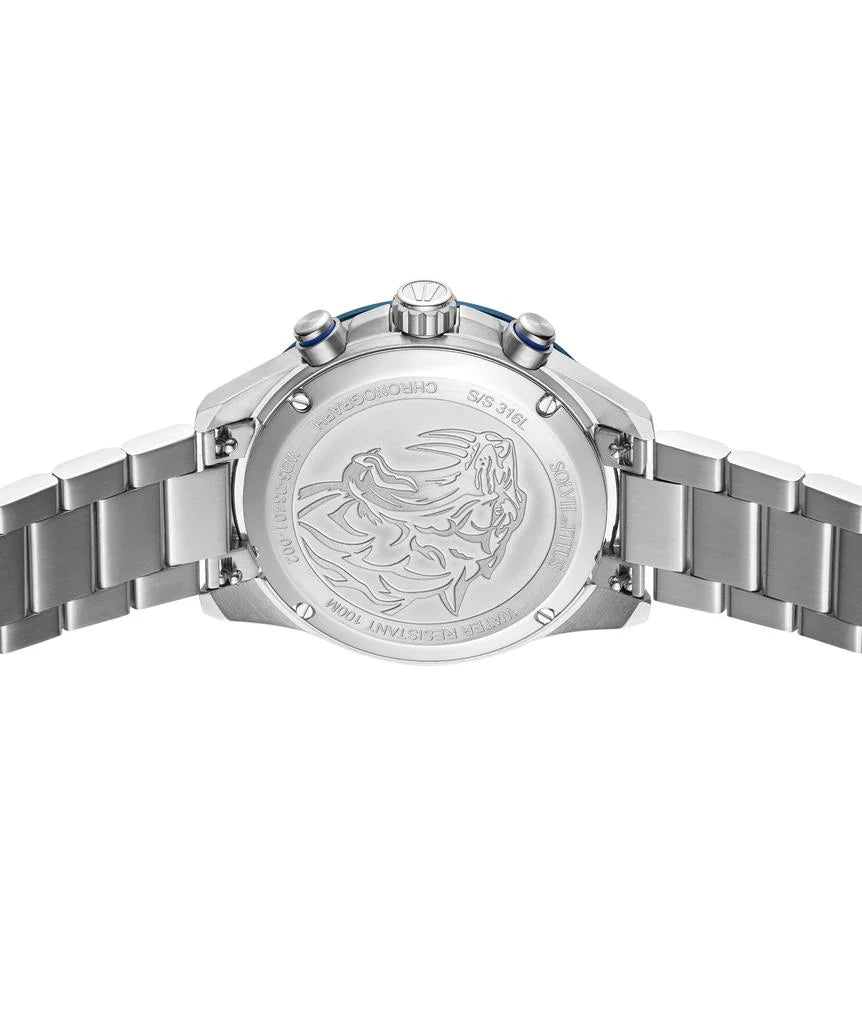 Solvil et Titus Saber Chronograph W06-03401-002 — 316L stainless steel caseback engraved with the saber-toothed tiger motif, the collection's signature mark