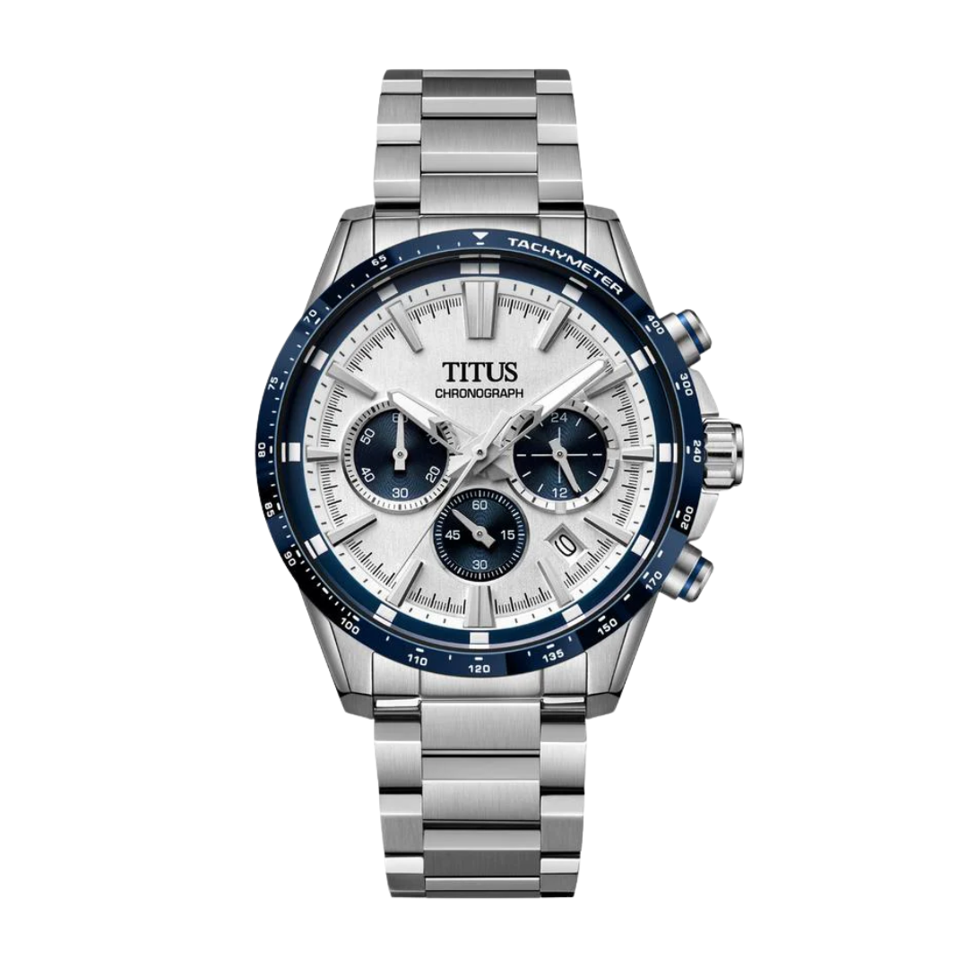 Solvil et Titus Saber Chronograph W06-03401-002 — front view of blue tachymeter bezel, silver dial, three deep-navy subdials, and polished stainless steel bracelet
