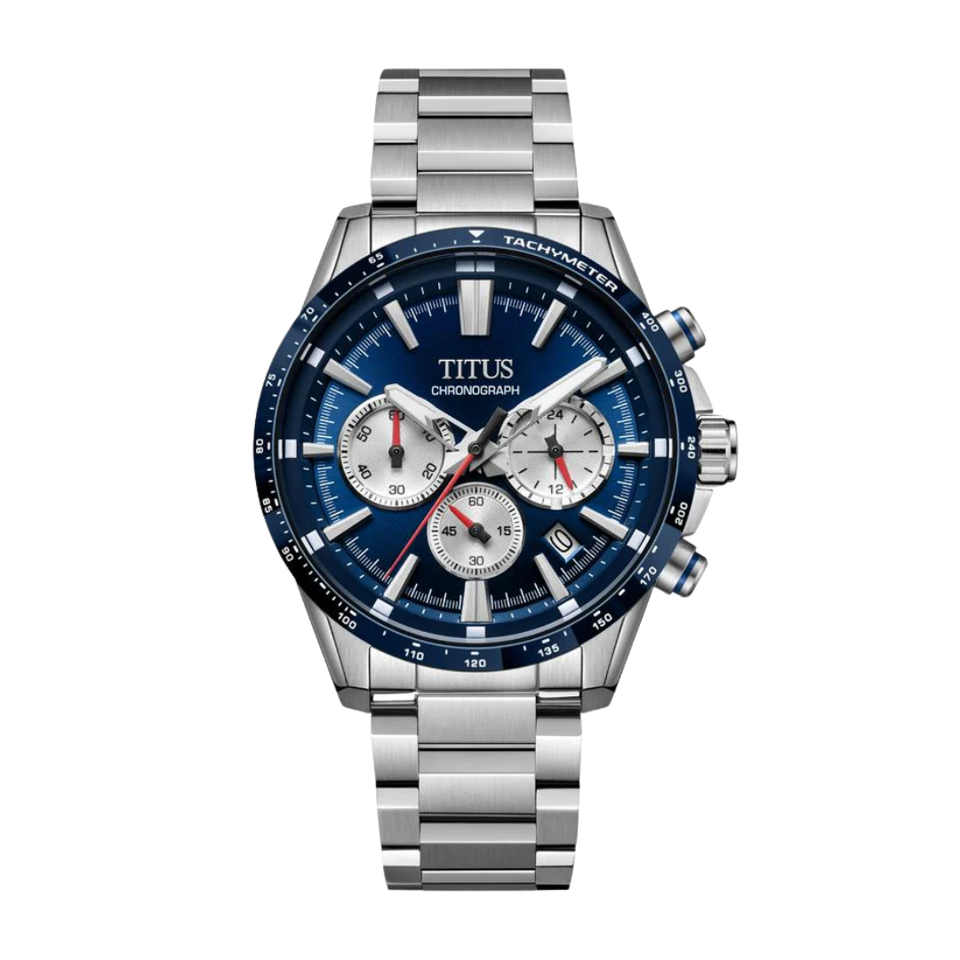 Solvil et Titus Saber Chronograph W06-03401-003 — front view of blue tachymeter bezel, deep blue sunburst dial, silver subdials with red accents, polished steel bracelet