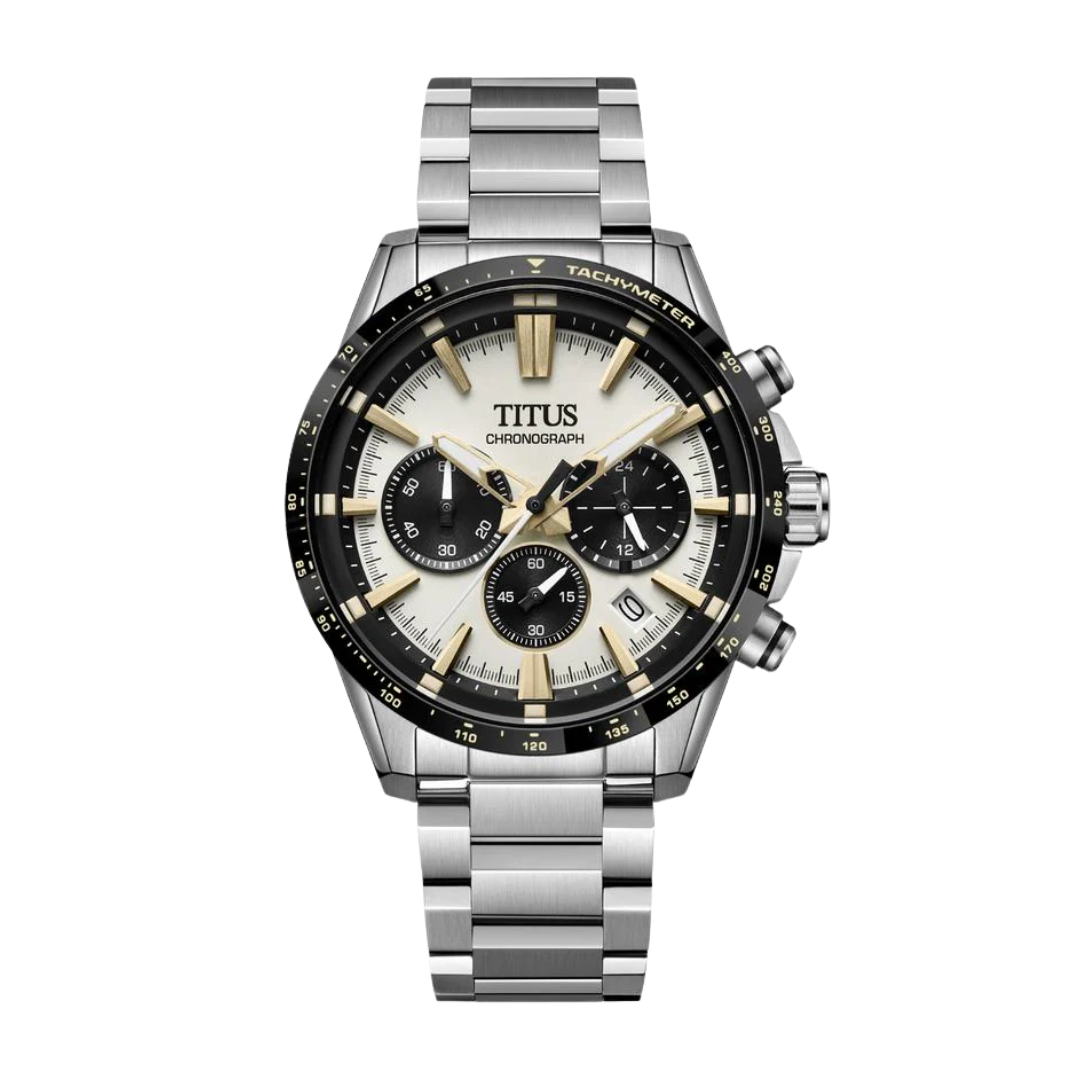 Solvil et Titus Saber Chronograph W06-03401-004 — front view of black tachymeter bezel with gold scaling, cream dial, three black subdials, gold-tone indices