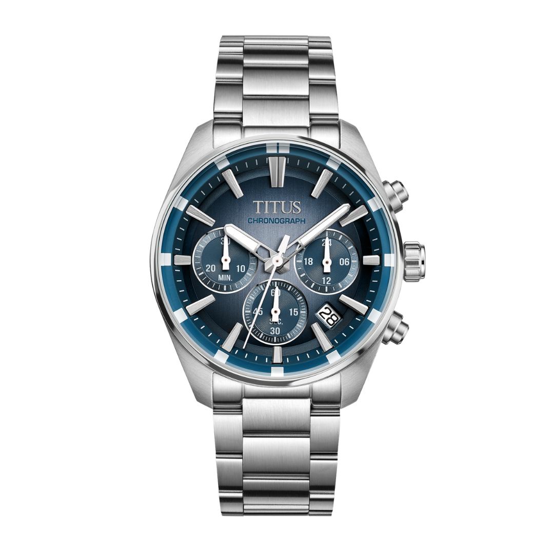 Solvil et Titus Saber Chronograph W06-03414-004 — front view of deep blue dial, polished steel bezel with raised markers, and stainless steel bracelet