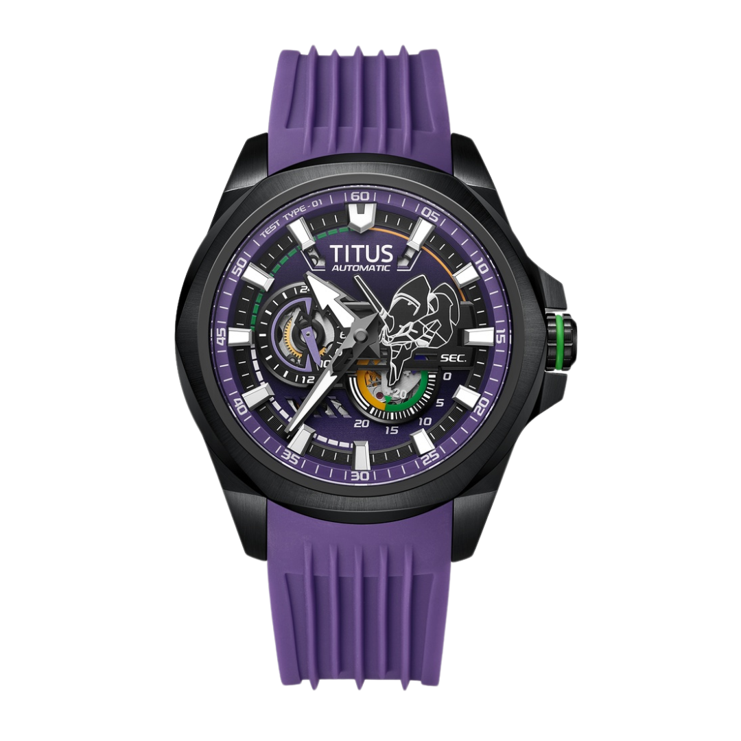 Solvil et Titus EVANGELION EVA-01 Quest automatic watch, black case, purple and green open-worked dial