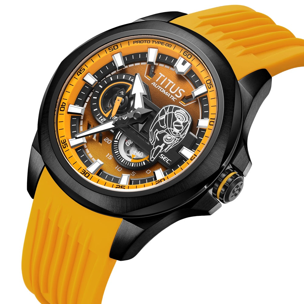 Side profile of Solvil et Titus EVA-00 Quest watch with orange silicone strap