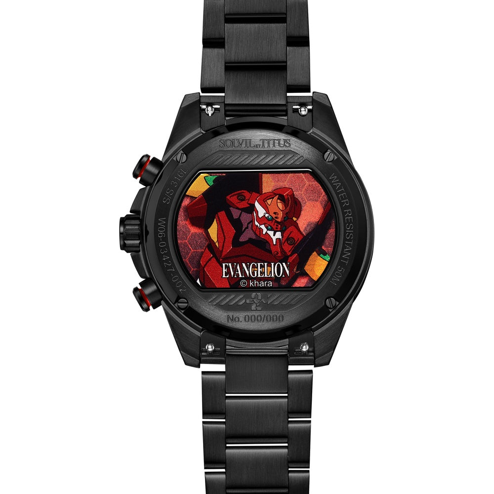 Caseback of Solvil et Titus EVA-02 Saber watch with EVA-02 red artwork and edition number