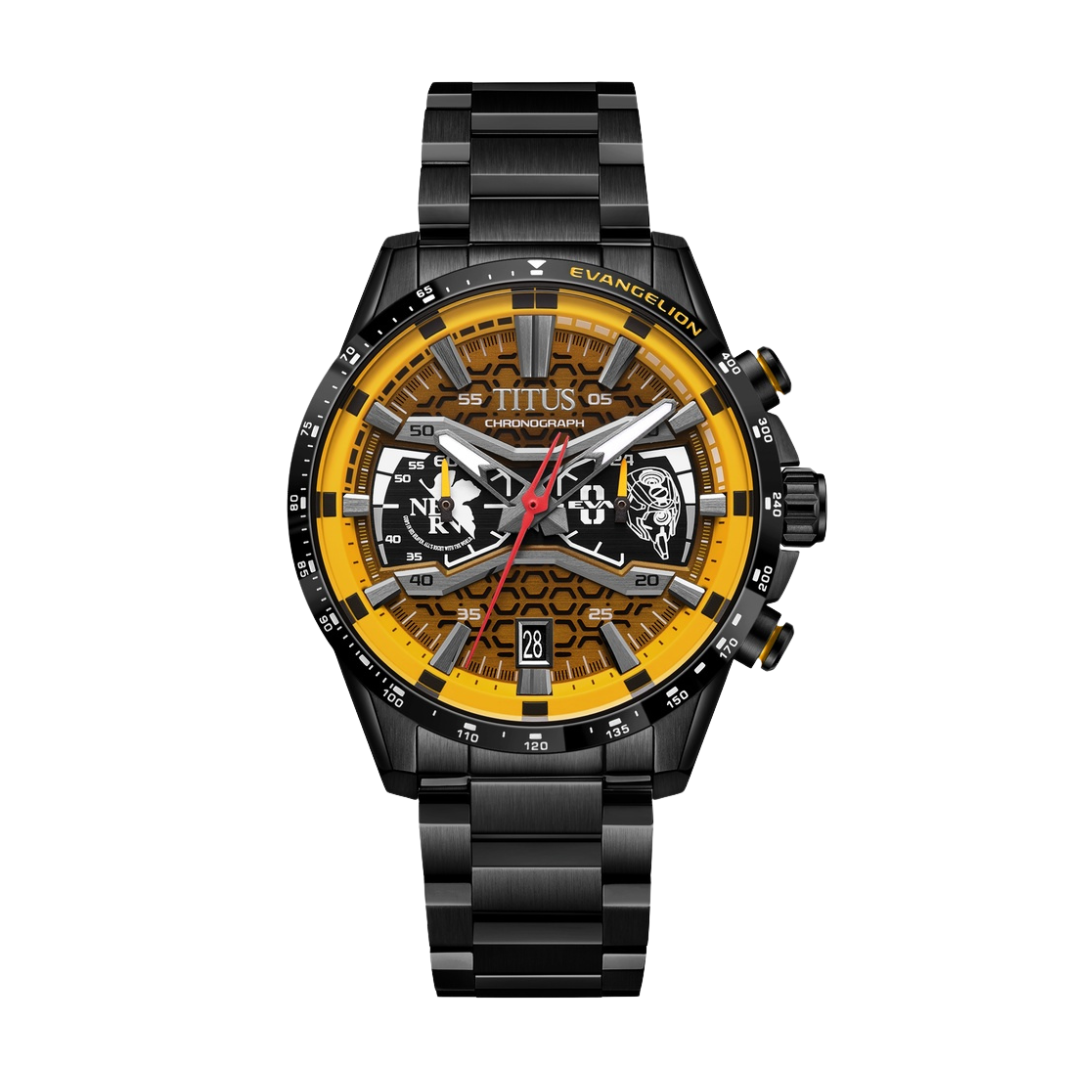 Solvil et Titus EVANGELION EVA-00 Saber black chronograph watch with yellow accents