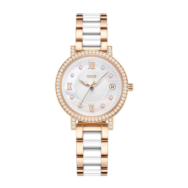 Solvil et Titus Chandelier White Mother-of-Pearl Dial Women's Watch W06-03191-002 with Two-Tone Rose Gold Steel and Ceramic Bracelet