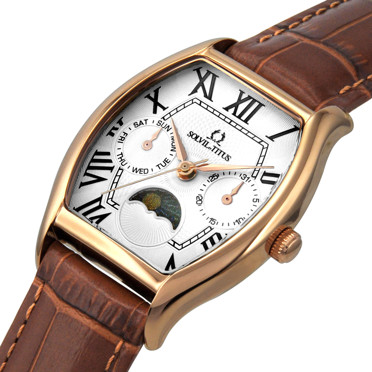Barista women's watch close-up showing multi-function dial and day-date display